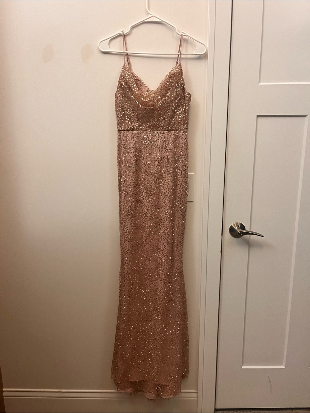 Rose Gold Sequin Cowl Neck Prom Dress with Spaghetti Straps